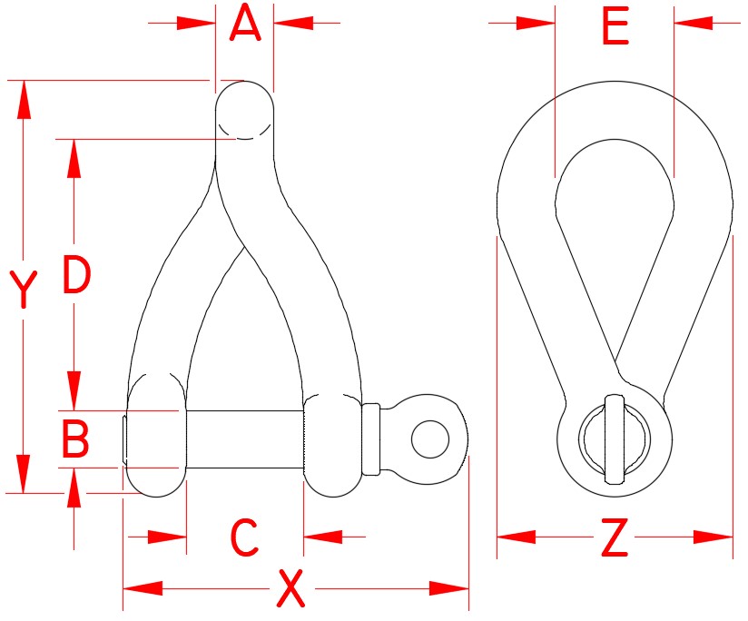 Stainless Steel Twist Shackle, S0163-0004, S0163-0005, S0163-0006, S0163-0008, S0163-0010, S0163-0012, Line Drawing